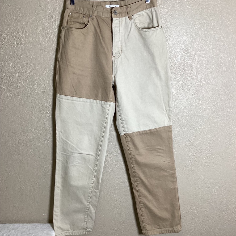 PacSun Dad Jean Women's 27 Colorblock Tan Cream High Rise Relaxed Straight Leg